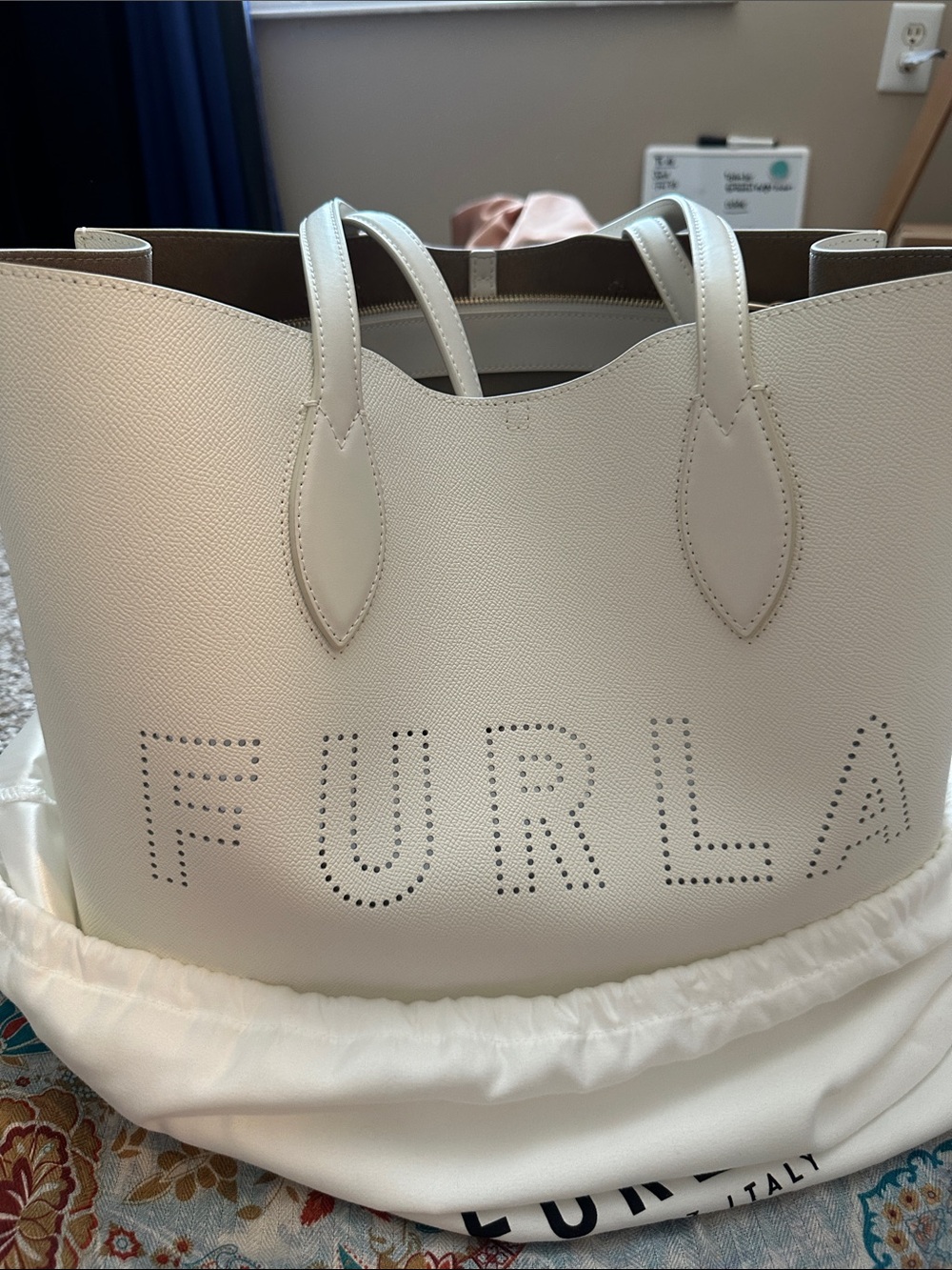 Furla Ivory Perforated Logo Leather Tote